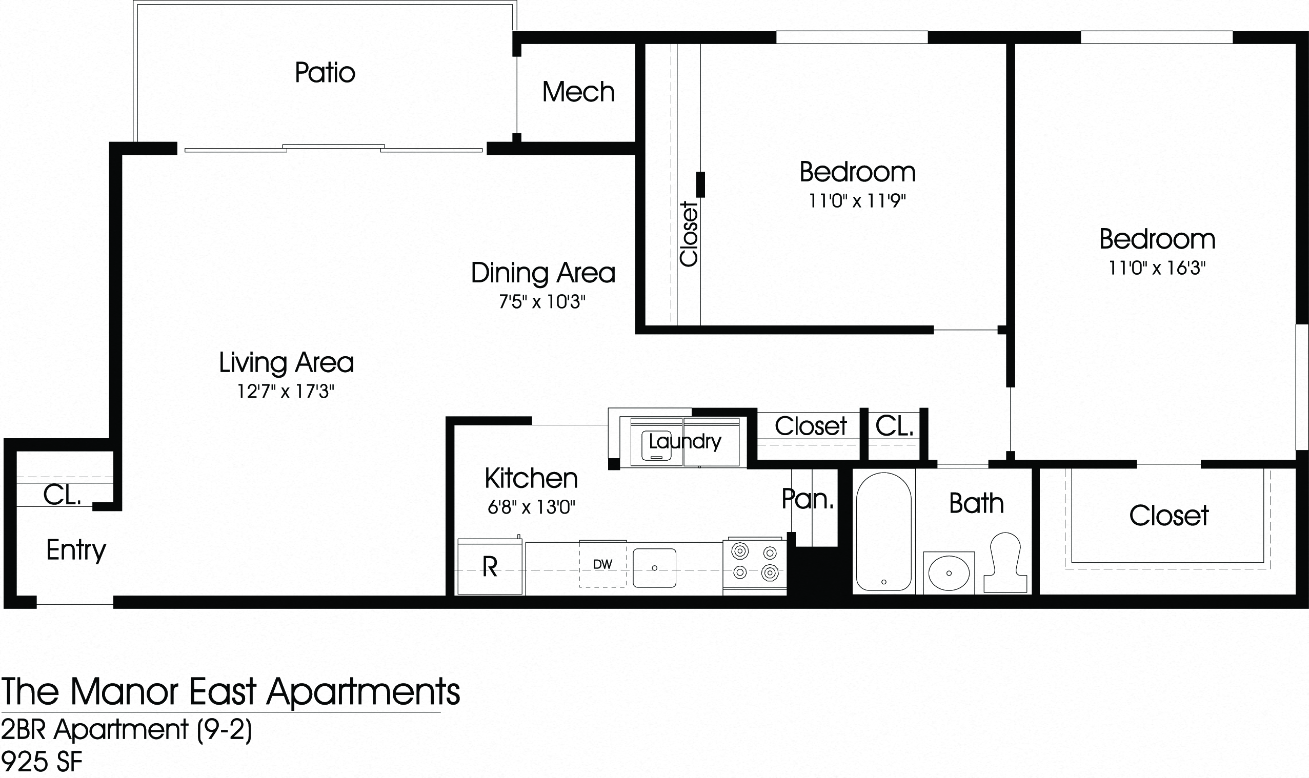 Floor plan for 2 beds, 1 bath, 925 sqft